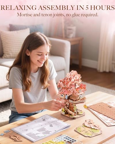 Rolife DIY Miniature House Kits Sakura Tree House 12" 3D Wooden Puzzles for Adults, Japanese Cherry Blossom Model Building...
