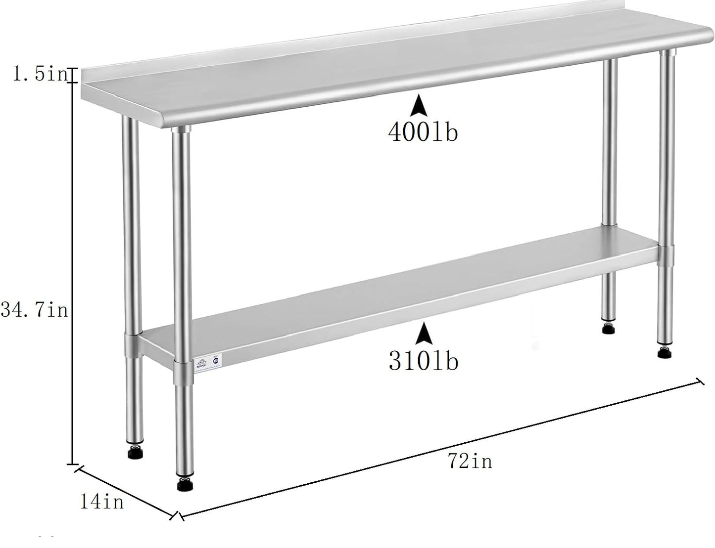 ROCKPOINT Stainless Steel Table for Prep & Work with Backsplash 14x72 Inches, NSF Metal Commercial Kitchen Heavy Duty Table with Adjustable Under Shelf and Table Foot for Restaurant, Home and Hotel