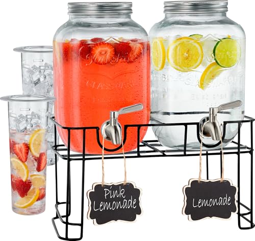 FineDine 2 Pack Glass Drink Dispenser with Stand & Stainless Steel Spigot – 1 Gallon Drink Dispensers for Parties, Glass B...