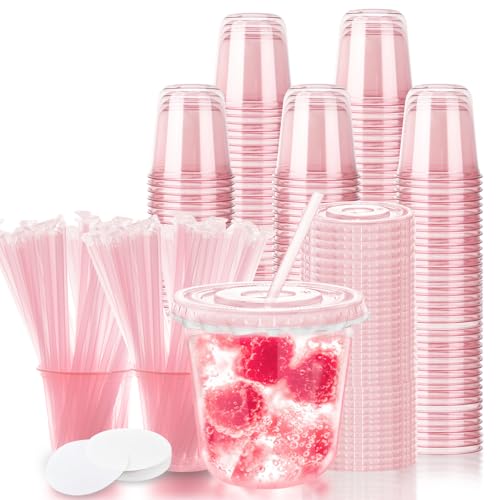 12oz Disposable Stemless Glasses with Flat Lids and Straws,PET Disposable Drinking Cups,Clear Plastic Wine Glasses for Par...