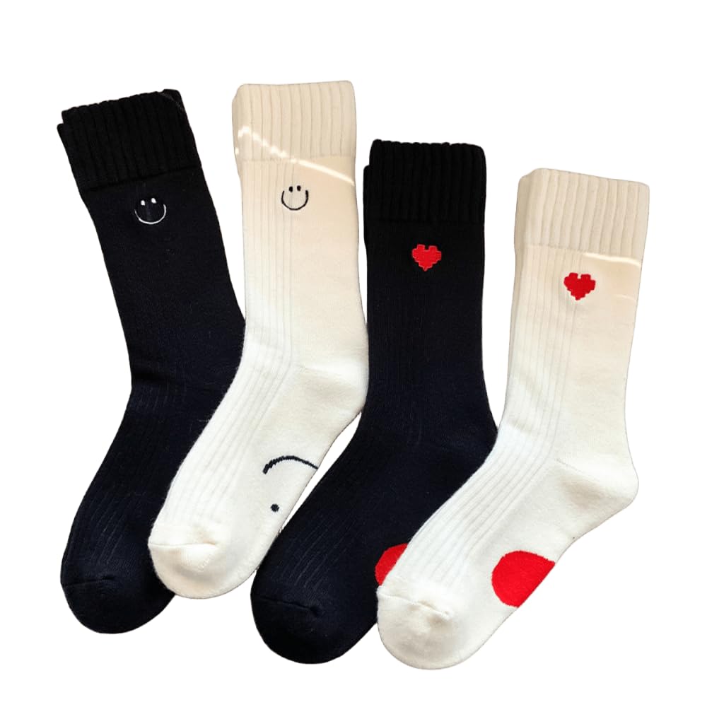 Heart Socks Women Fuzzy Socks Smiling Face Warm Cozy Soft Ankle Socks Fluffy Thick Winter Home Barefoot Crew Socks (4Pairs[White Heart+Black Heart+White Smiling Face+Black Smiling Face])