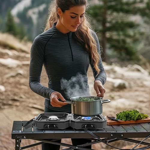 Adjustable 2 Burner Portable Camping Stove Propane (16000 BTU) with Camping Grill and Carrying Bag, Folding Propane Stove,...