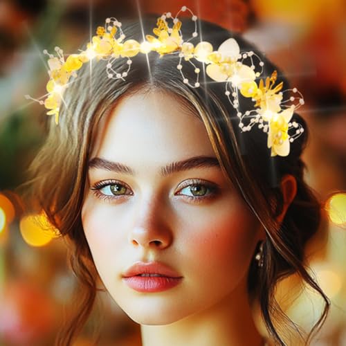 Zehope Light Up Flower Headbands LED Princess Pearl Floral Wreath Headpiece Bridal Wedding Garlands Hair Accessories for W...