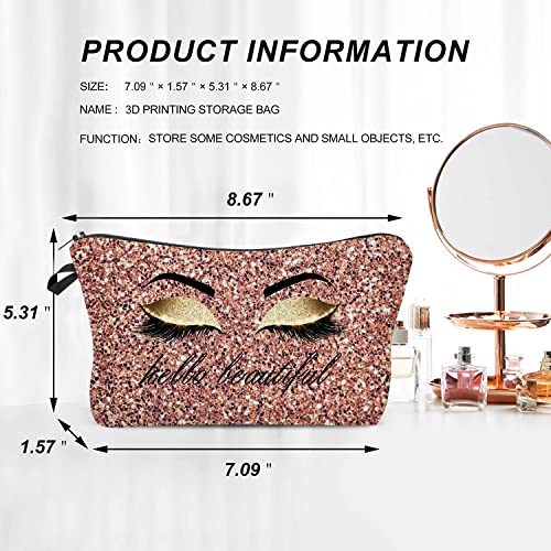 Hello Beautiful Makeup Bag for Purse Eyelash Pink Cosmetic Bags for Women Inspirational Gift Small Funny Cosmetics Glitter...