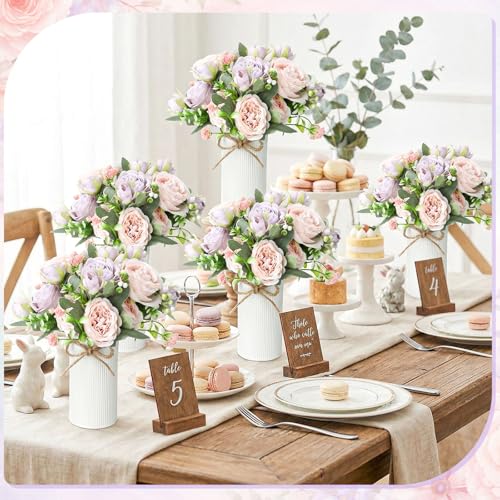 Domensi 6 Sets Wedding Floral Centerpiece for Table Decor, Artificial Peonies Silk Flowers Bouquet with Flower Foam and Me...