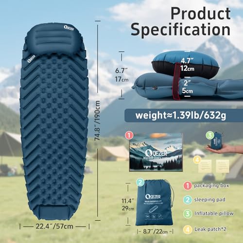 QEZER Ultralight Backpacking Sleeping Pad for Camping, with Inflatable Neck Camping Pillow, Lightweight Inflatable Sleepin...