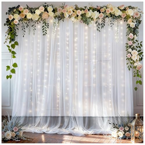 EMART White 10x10ft Tulle Backdrop Curtains with Lights String,Sheer Backdrop Curtains for Wedding, Baby Shower,Photoshoo...