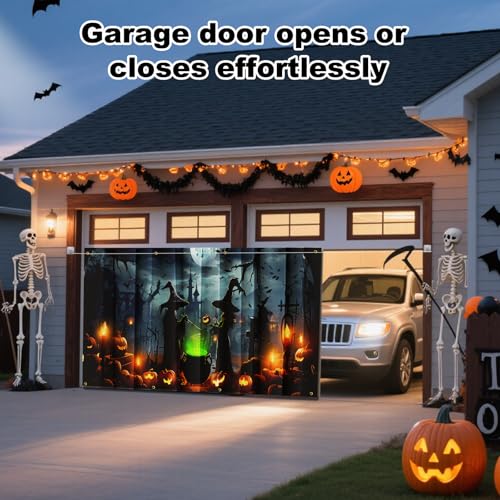 Lighted Witch Halloween Garage Door Decorations Banner - 7 x 16 ft Halloween Garage Door Cover with LED Light Strap, Large...