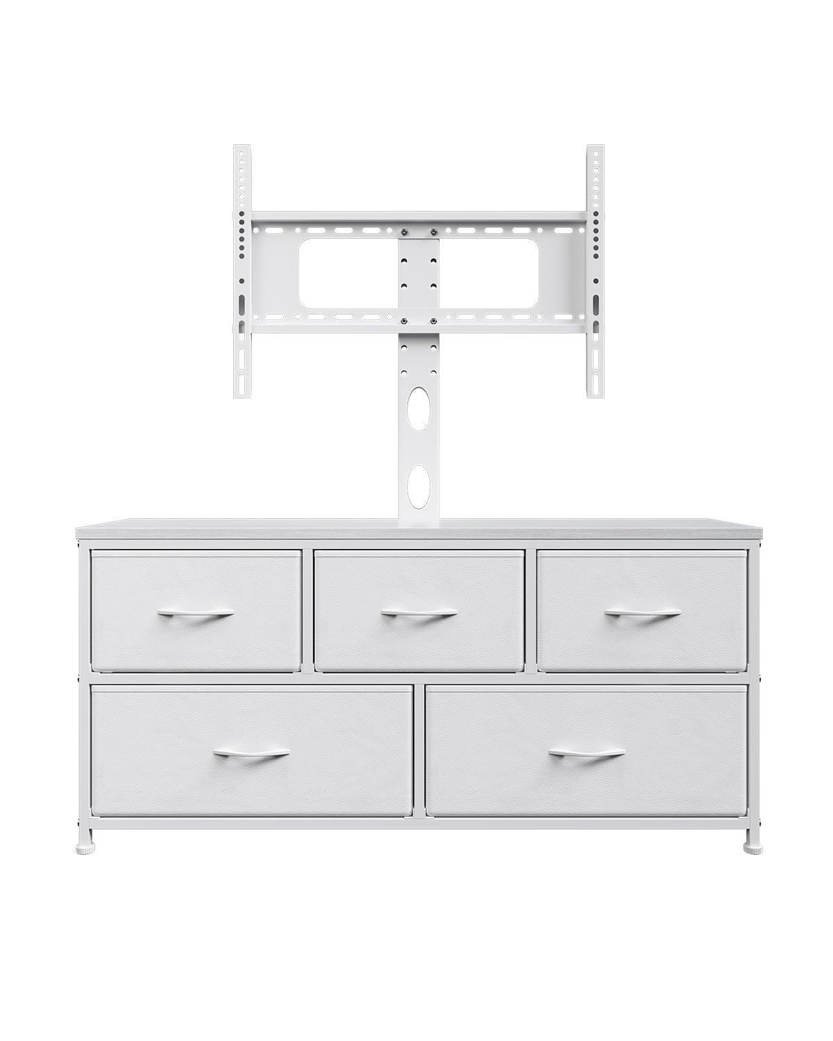 DrawXynth TV Stand with Mount, Fabric Dresser with 5 Drawers for 32/45/55/60/65/75 inch TVs, White Dresser Entertainment Center, Modern Media TV Console Table