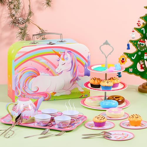 JOYIN 35Pcs Unicorn Tea Party Set for Little Girls, Pretend Tin Teapot Set, Princess Tea Time Play Kitchen Toy with Desser...