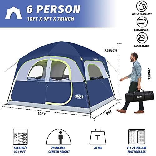UNP Tents 6 Person Waterproof Windproof Easy Setup,Double Layer Family Camping Tent with 1 Mesh Door & 5 Large Mesh Window...