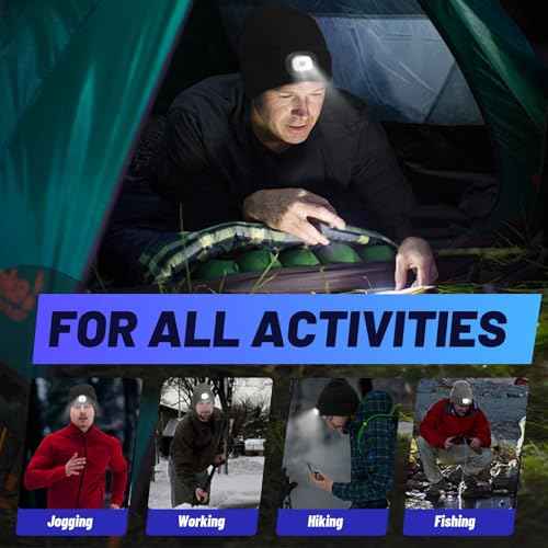 Keains Unisex Beanie with The Light £¬Rechargeable LED Headlamp Cap£¬ Warm Knit Hats for Winter Safety Gifts for Men Women Dad