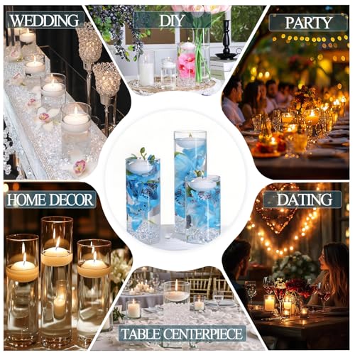 FFUW 20 PCS White Floating Candles and 16 PCS Glass Vases for Centerpieces with 400 Fake Ice Acrylic Rocks Vase Filler Flo...