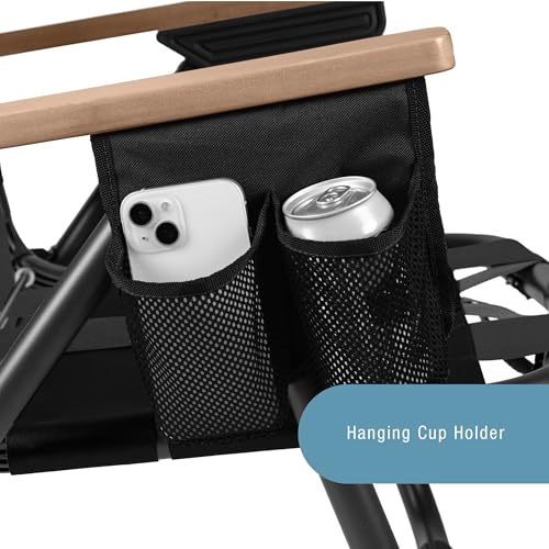 CleverMade Kove Midnight Black Beach Camping Chair, Hands Free Carrying Strap + Real Wood Handles & 2 Cup Holders, Foldabl...