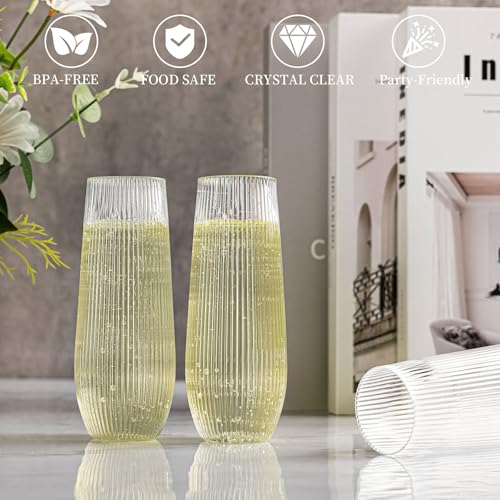 HOMIP 36pcs Clear Plastic Champagne Flutes - 9oz Disposable Champagne Flutes Stemless Toasting Glasses, Ribbed Ripple Desi...