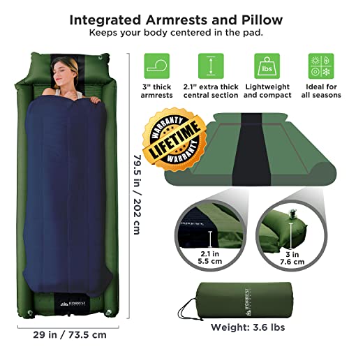 Camping Pad with Armrest & Pillow - Self-Inflating Air Mattress - Rollover Protection - Ultra-Comfortable Mat - Lightweigh...
