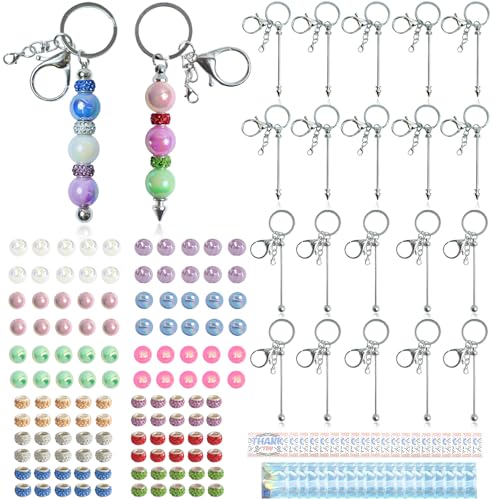 LEIOSAGN 180pcs Silver DIY Beadable Keychains Making Kit with 120pcs 16mm Acrylic Beads and Spacer Beads, 20 Blank Beadabl...
