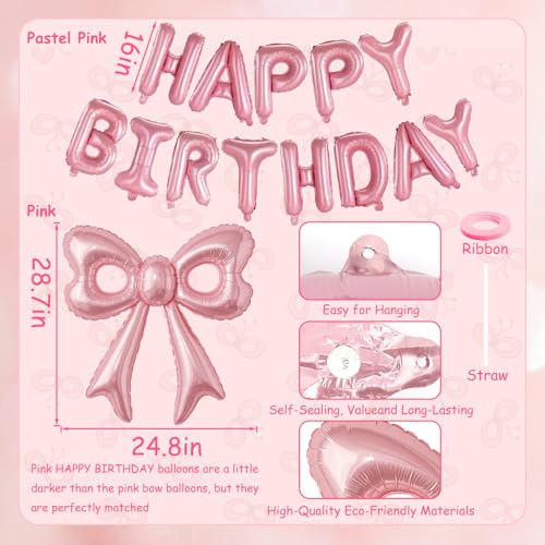 Pink Happy Birthday Balloons, 31”Huge Pink Bow Aluminum Foil Balloons for Girl Woman Birthday, Princess, Coquette Party De...