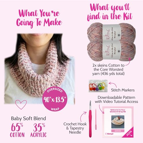 KnitPal Crochet Weekend Wrap – Crochet Kit for Beginners with Cotton Blend Yarn, Hook, Pattern + Video Tutorials All-in-On...