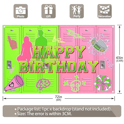 Monalivest 72x43inch Fabric Green and Pink Happy Birthday Backdrop Cheerleading American High School Lockers Photography B...