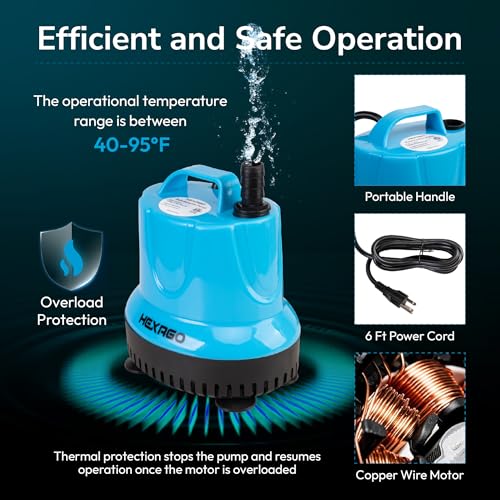 Hexago 580GPH Submersible Water Fountain Pump, 60W Small Sump Pump with 9FT High Lift, Aquarium Pumps for Outdoor Pond, Hy...