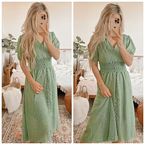 PRETTYGARDEN Women's Floral Wrap V-Neck Midi Dress Short Sleeve Boho Summer Beach Long Dress High Low Hem Smocked Dress Women