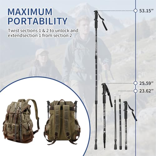 Folding Hiking Poles - 2-Piece Adjustable Trekking Poles, Lightweight Collapsible Walking Stick for Women Men Seniors, Bac...