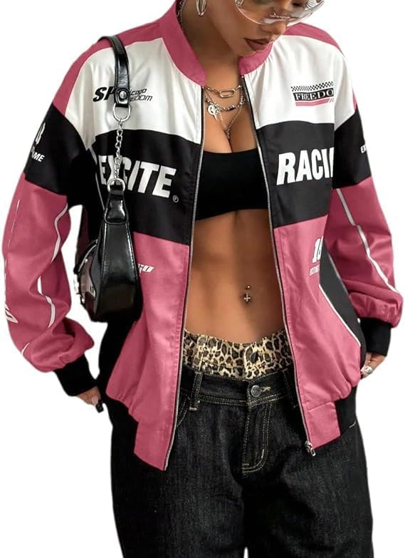 Chvity Womens Racing Jacket Color Block Letter Graphic Bomber Jackets Zip Up Lightweight Varsity Coats Y2k Outerwear