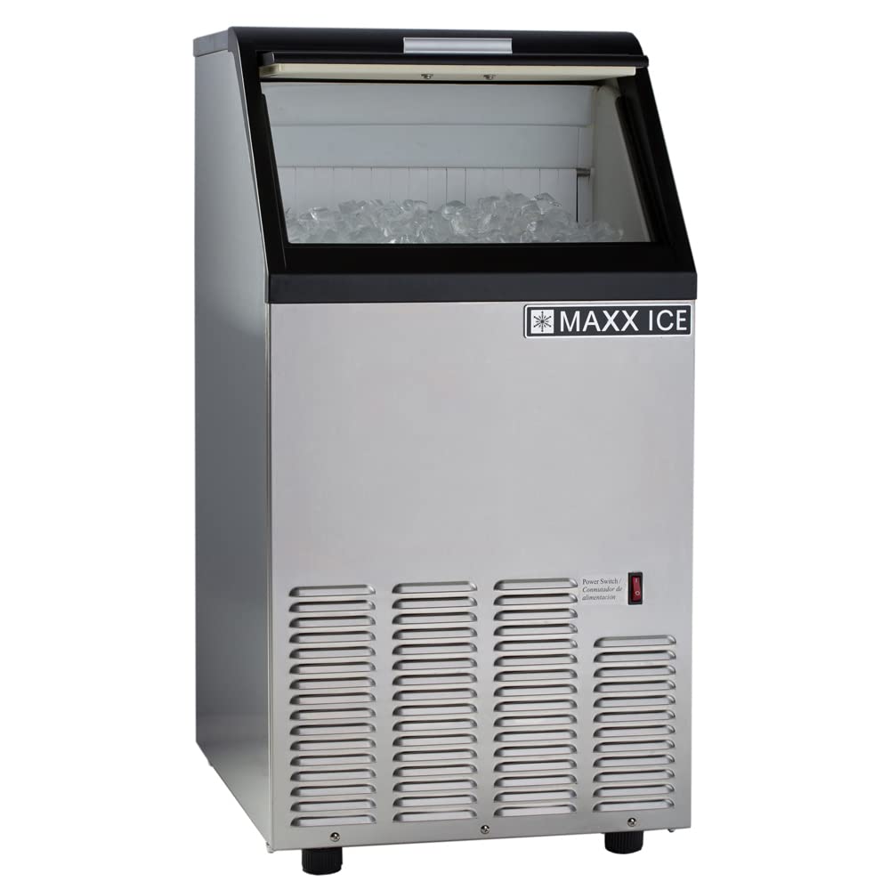 Maxx Ice MIM75 Commercial Ice Maker Machine, Stainless Steel Self-Contained Undercounter Design Makes Bullet Cubes with 25-Pound Storage, 75-lbs, Metallic
