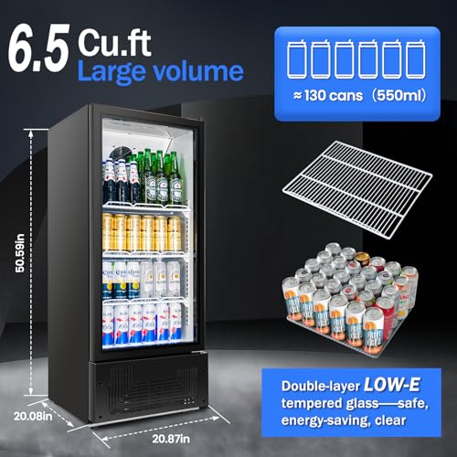BINGERMA 6.5 Cu.Ft Commercial Beverage Refrigerator Glass Door Upright Drink Cooler Display Fridge with Adjustable Shelves...