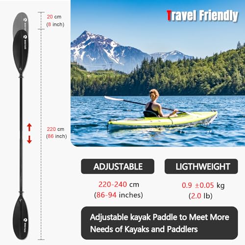 WONITAGO Kayak Paddle Premium Carbon Fiber Paddle with Reinforced PP + Fiberglass Blade, Floating Adjustable Kayaking Oar...