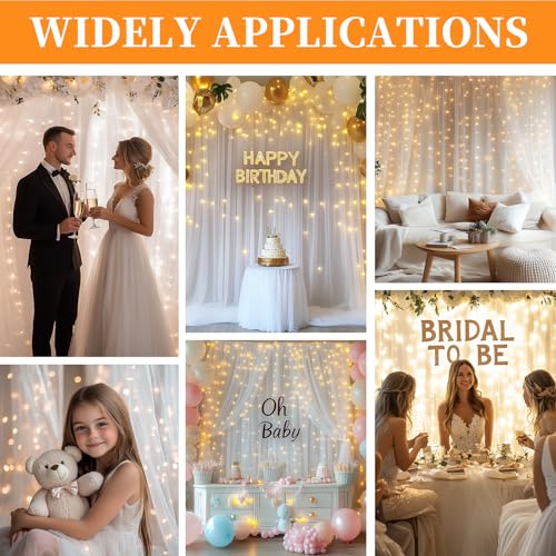 Patioman 10x10ft White Tulle Backdrop Curtain with String Lights, Wrinkle-Free Sheer Wedding Backdrop for Birthday Partie...