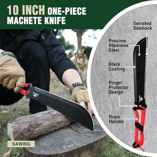 Mossy Oak Hatchet and Machete Knife Set with Sheath, One-Piece Axe & Hunting Knives with Paracord Handle, Zoomable Flashli...