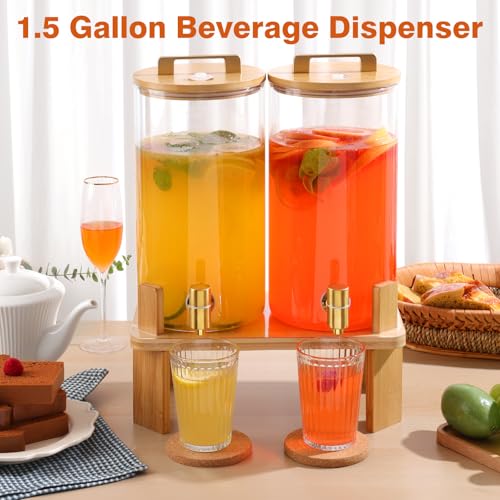 1.5 Gallon 2 PACK Glass Drink dispenser, Beverage Dispenser With Wood Stand, Lemonade Dispenser with Airtight Valve and St...