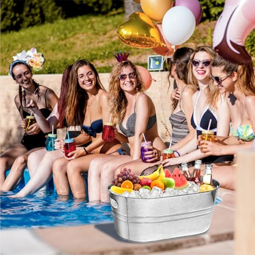 4 Pack Galvanized Tub Ice Bucket, 3 Gallon Large Metal Drink Buckets for Parties & Bars, Beer Beverage Tub with Carry Hand...