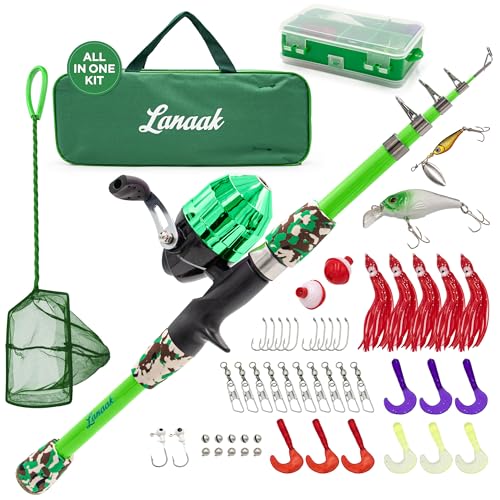 Lanaak Kids Fishing Pole, Kids Portable Telescopic Fishing Rod Set, Tackle Box and Fishing Net Combo Kit, Kids Fishing Gea...