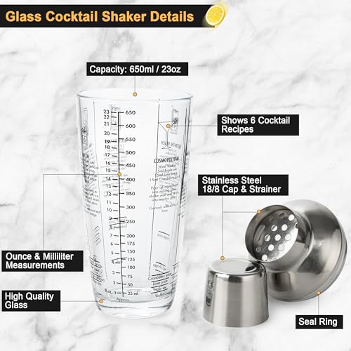 Tiawudi 23oz Glass Cocktail Shaker Set, 4PCS Bartender Kit, Martini Mixer Shaker with Built-in Strainer, Measuring Jigger,...