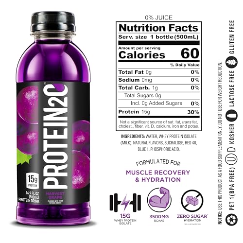 Protein2o 15g Whey Protein Isolate Infused Water, Ready To Drink, Sugar Free, Gluten Free, Lactose Free, Harvest Grape, 1...