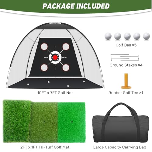 KLAODOT Golf Net with Practice Mat,Golf Hitting Aid Nets 10x7FT for Backyard Driving Chipping Training Swing with Target M...