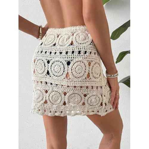 WDIRARA Women's Hollow Out Crochet Knit Cover Up Skirt High Waisted Sheer Beach Skirts