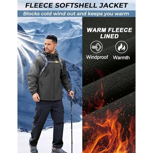 COOFANDY Men's Hooded Softshell Jacket Waterproof Fleece Lined Windbreaker Lightweight Outdoor Hiking Jacket
