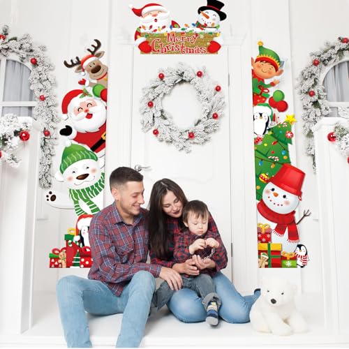 Tiamon 3 Pcs Christmas Door Decorations Banner Merry Christmas Porch Banner Snowman Santa Backdrop Xmas Party Hanging Phot...