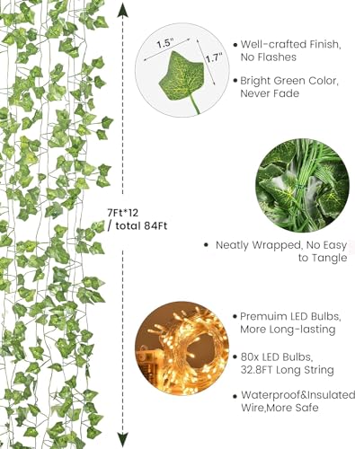 JACKYLED 84Ft 12 Pack Artificial Ivy Garland Fake Plants, Ivy Vines Leaves with CE Certified 80 LED String Lights, Hanging...