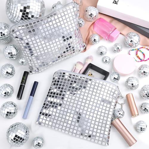12 Pcs Disco Cosmetic Bags with Zipper Disco Party Favors Silver Glitter Sequin Mirror Makeup Bags for Bachelorette Bridal...