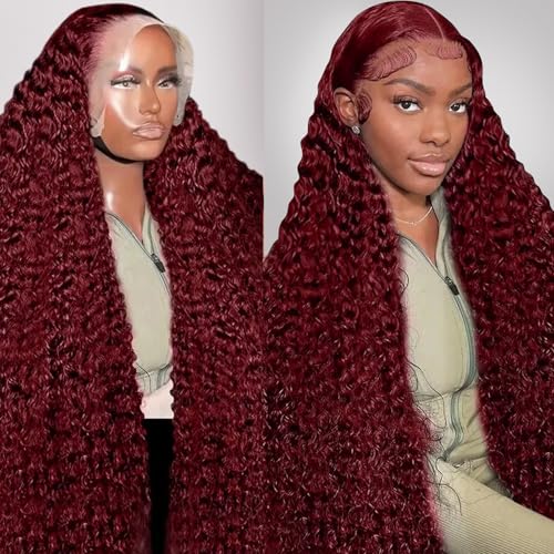 28 Inch 13x6 99j Burgundy Lace Front Wigs Human Hair Wigs For Women 180% Density 99J HD Deep Wave Lace Frontal Wigs Curly Wine Burgundy Wig Pre Plucked With Baby Hair