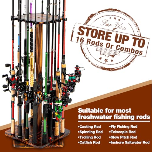 Ghosthorn Fishing Rod Holders for Garage 360 Degree Rotating Fishing Pole Rack, Floor Stand Holds up to 16 Rods Wood Fishi...