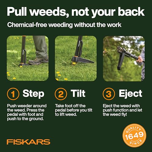 Fiskars 4-Claw Stand Up Weed Puller Tool, Gardening Hand Weeding Tool with 39" Long Ergonomic Handle with Easy-Eject Mecha...