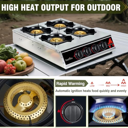 BESTFIRE 4 Burner Propane Gas Stove 40,000 BTU Stainless Steel Cooktop with Enamel Pan Support, Electronic Ignition, Regul...