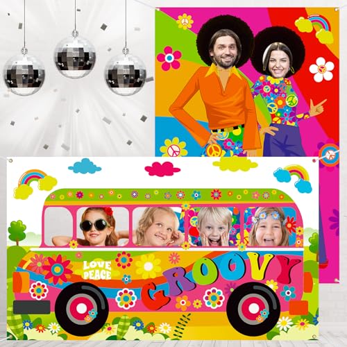 Buryeah 2 Pcs 60's Theme Party Decorations Hippie Bus Photo Prop Hippie Theme Party Backdrop Groovy Selfie Frame Banner fo...