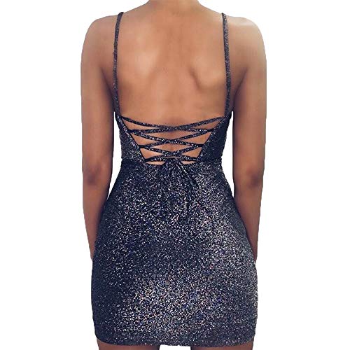 VANCOL Women's Sexy Glitter Spagetti Straps Lace Up Back Bandage Bodycon Mini Club Party Dress